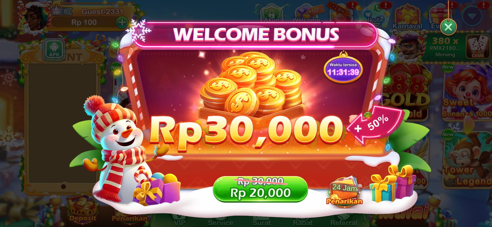 Bonus selamat datang K3K3 Apk 4 J 2943 0 dengan diskon spesial untuk pengguna baru.